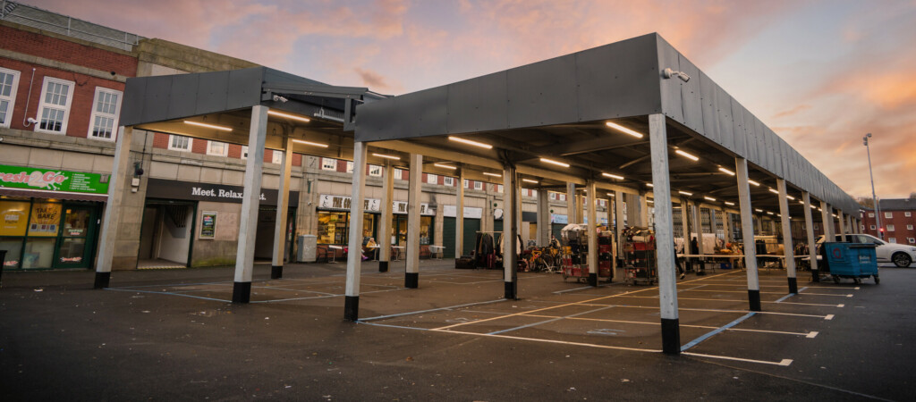 Bolton Market external canopy after completion of extension and refurbishment